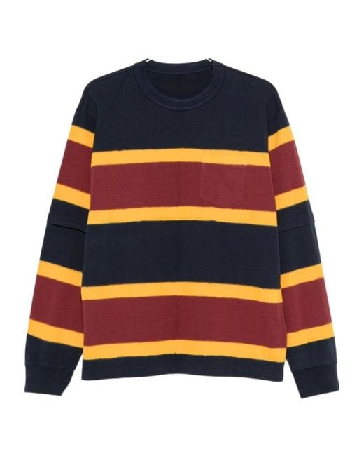 Sacai Blue Striped-Knit Layered-Sleeve Sweater for men