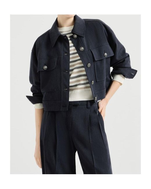 Brunello Cucinelli Blue Virgin-Wool Crêpe Chevron Cropped Outerwear Jacket With Monili
