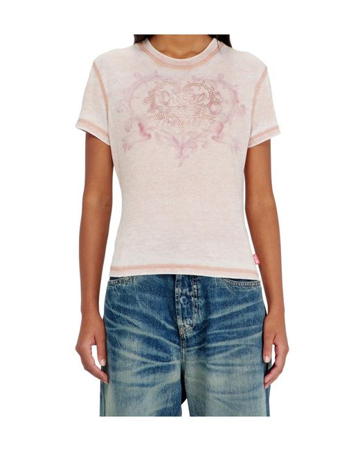 DIESEL Pink Rhinestone-Embellished Burnout-Effect T-Shirt