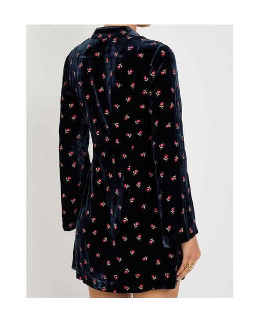 Rixo Blue Calla Floral-Embroidered Velvet Mini Dress