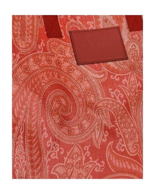 Etro Red Paisley Printed Logo Patch Tote Bag
