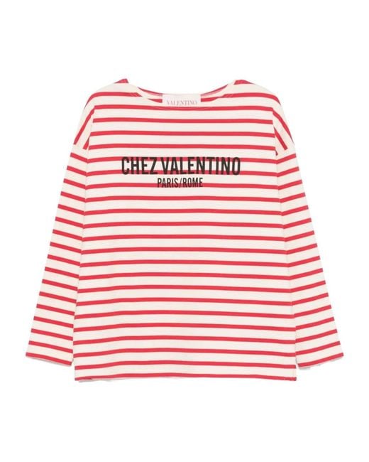 Valentino Red Striped Logo Printed Crewneck T-Shirt for men