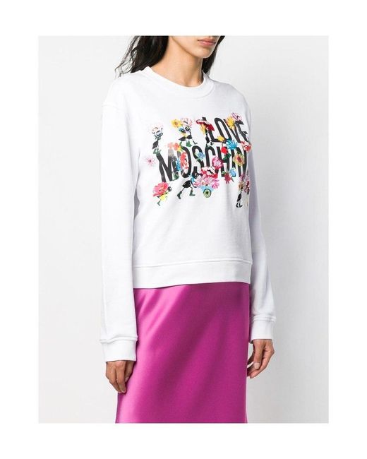 Moschino White Logo Flower Embroidered Sweater