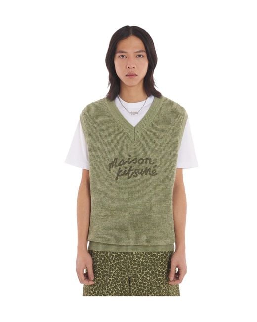 Maison Kitsuné Green Maison Kitsuné Logo Embroidered V-Neck Knitted Top for men