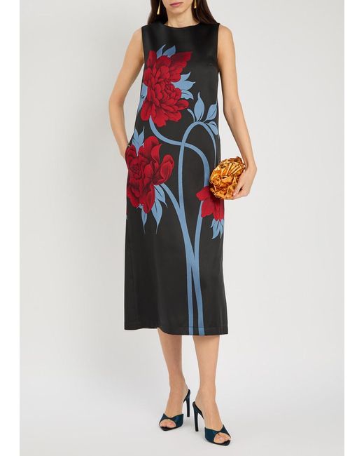LaDoubleJ Red Column Floral-Jacquard Satin-Twill Midi Dress