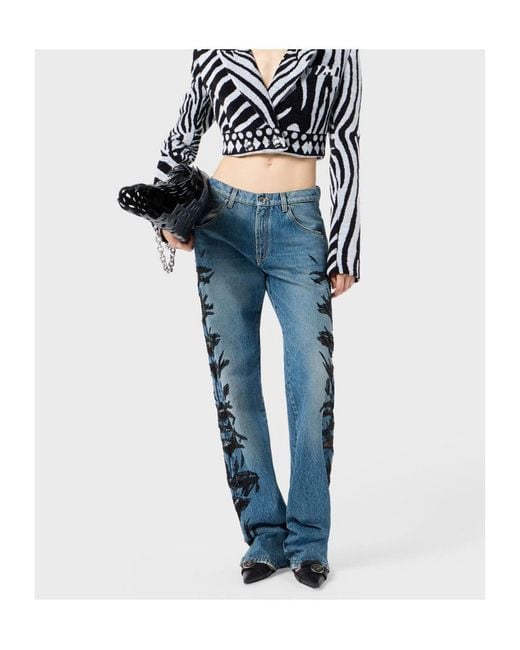 Blumarine Blue Zebra-Embroidered Regular-Fit Jeans