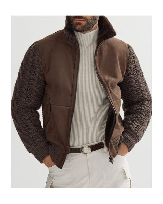 Brunello Cucinelli Brown Suede Shearling And Cashmere Knit Bomber Jacket With Thermore Padding for men