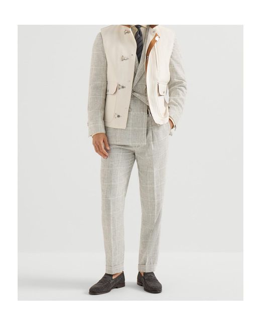 Brunello Cucinelli Gray Linen Prince Of Wales Trousers With Pleat for men