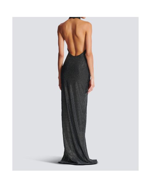 Balmain Blue Long Velvet Halterneck Dress With Rhinestones