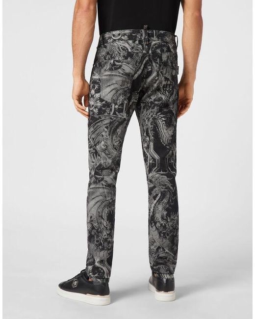 Philipp Plein Gray Dragon Skull Straight-Cut Jeans for men
