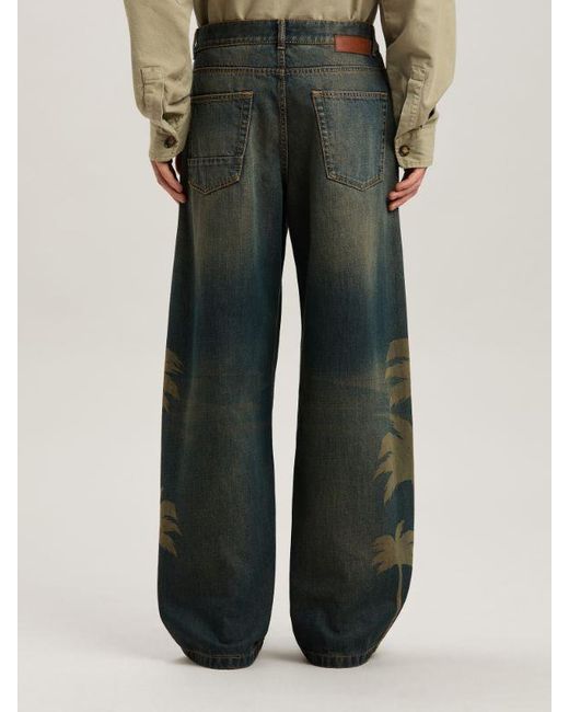 Palm Angels Green Laser Palm Wide Leg Jeans for men