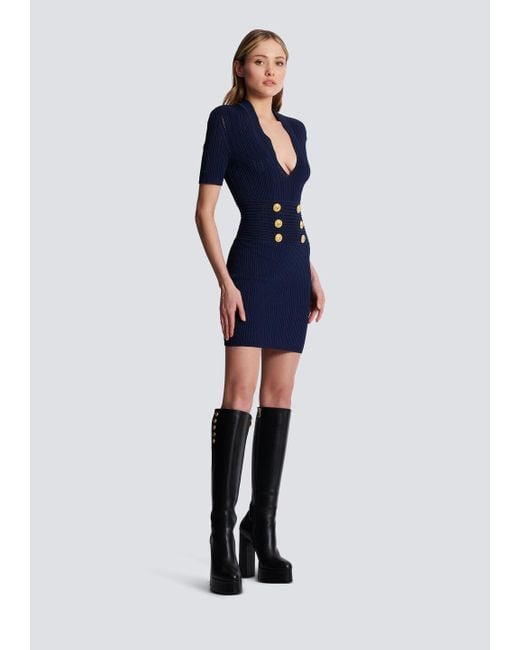 Balmain Blue Logo Button Embellished Knitted Dress