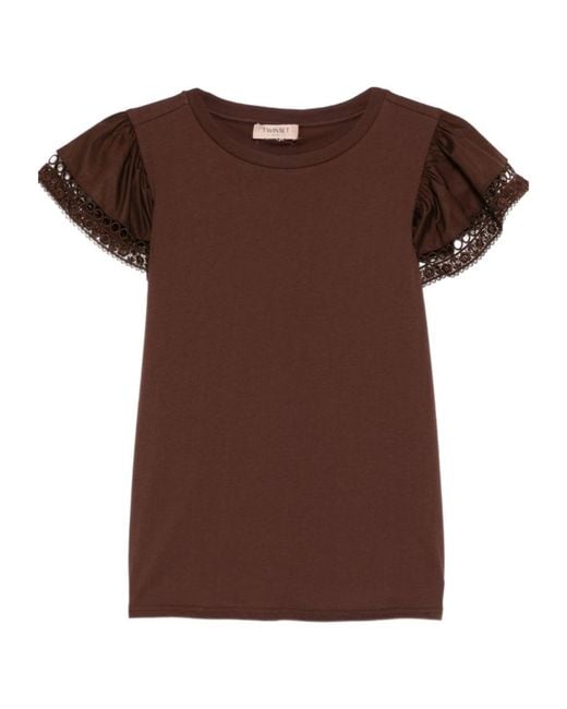 Twinset Brown Ruffled Lace-Sleeve T-Shirt