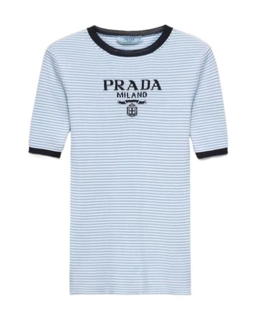 Prada Blue Striped Silk Crew-Neck Sweater