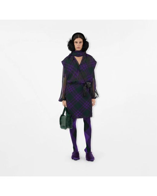 Burberry Blue Check-Pattern Scarf Detailed Blouse