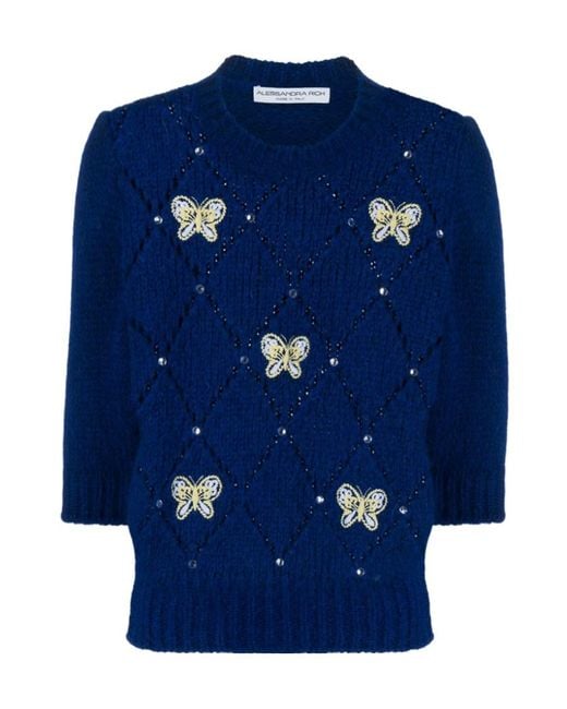 Alessandra Rich Blue Short-Sleeve Knitted Top