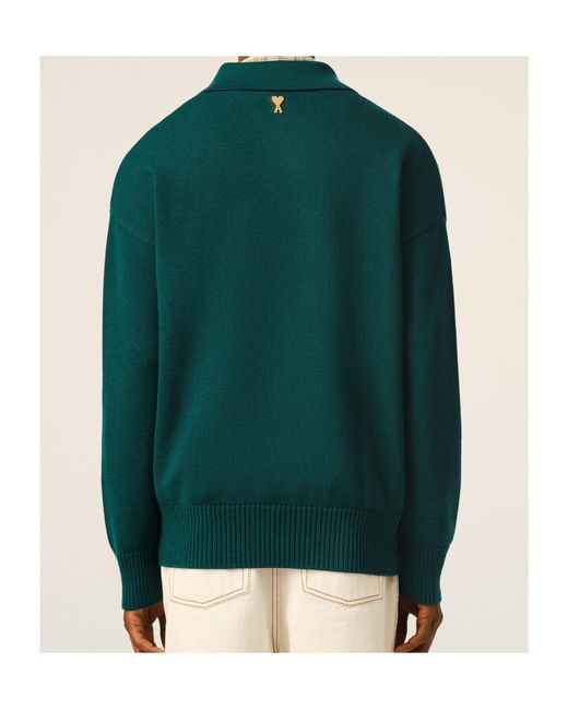 AMI Green Wool Knit Polo Shirt for men