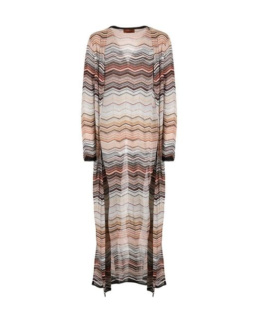 Missoni Natural Long, Lightweight Sequined Cardigan With A Herringbone Pattern