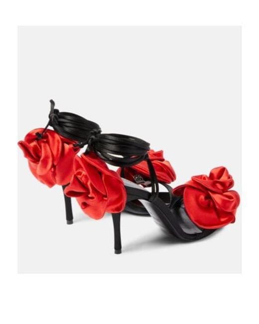 Magda Butrym Red Floral-Appliqué Satin Slingback Sandals