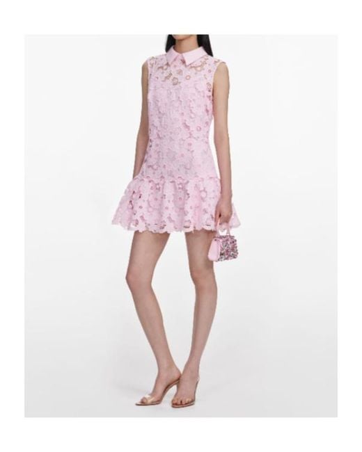 Self-Portrait Pink Embellished-Trim Lace Mini Dress