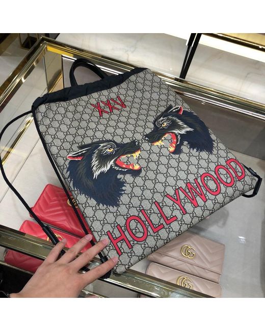Gucci Black Wolf Alphabet Printed Handbag for men
