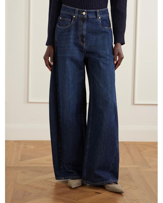 Brunello Cucinelli Blue Logo Patch Wide Leg Pants