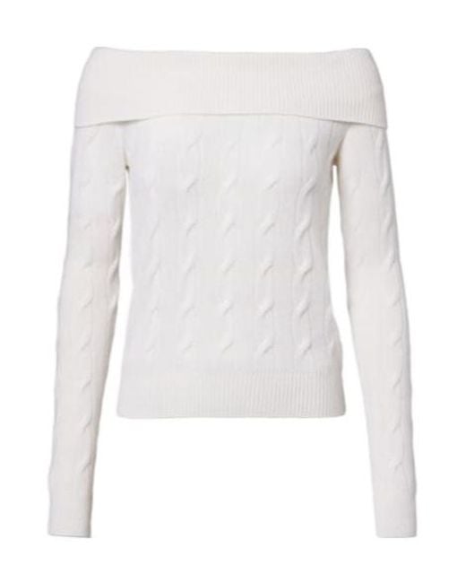 Ralph Lauren White Cable-Knit Off-Shoulder Cashmere Sweater