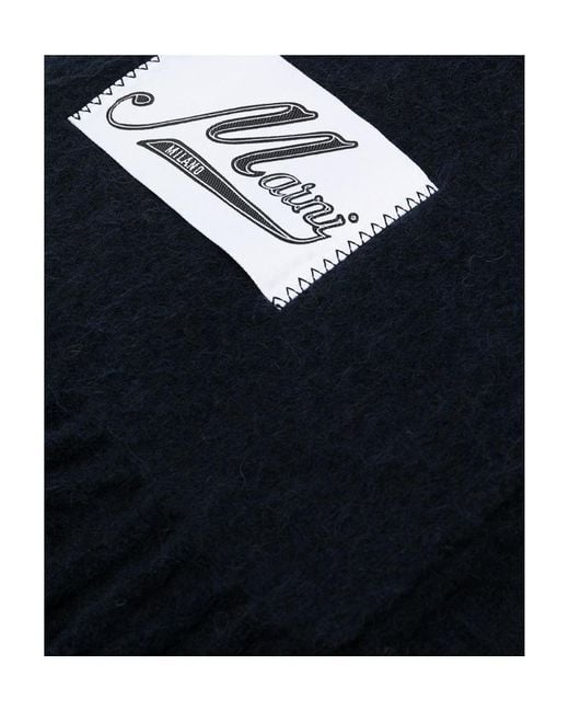 Marni Blue Logo Patch Fringed Scarf