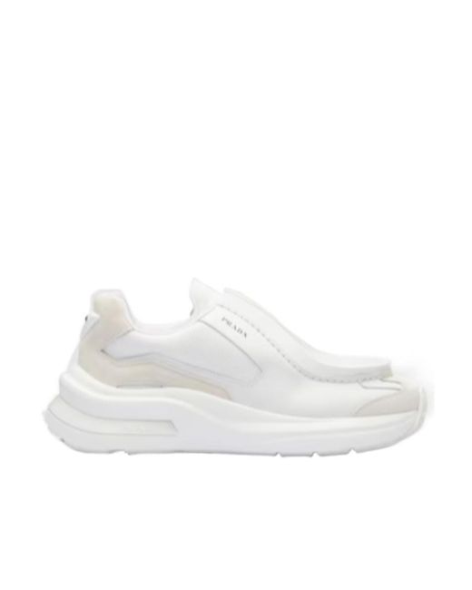 Prada White Brushed Leather Sneakers With Bike Fabric And Suede Elements for men