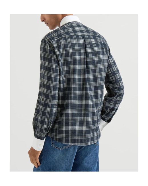 Brunello Cucinelli Blue Cotton And Lyocell Tartan Flannel Shirt With Contrast Italian Collar And Cuffs for men