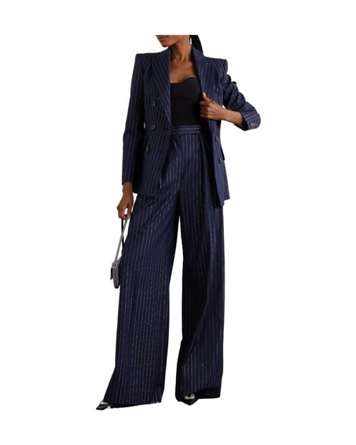 Alex Perry Blue Pleated Metallic Pinstripe Twill Wide-Leg Trousers