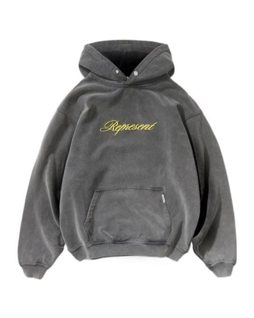 Represent Gray Embroidered Cotton Hoodie for men