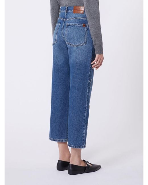 Weekend by Maxmara Blue Embellished Cotton Cropped Trousers