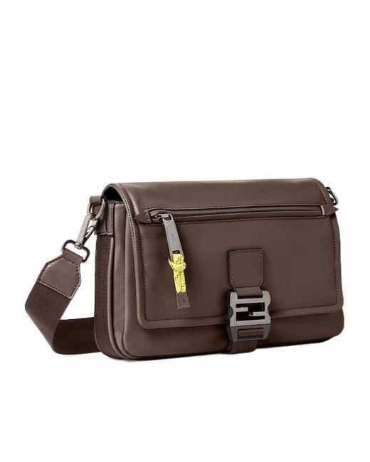Fendi Brown Flux Logo Plaque Messenger Bag for men