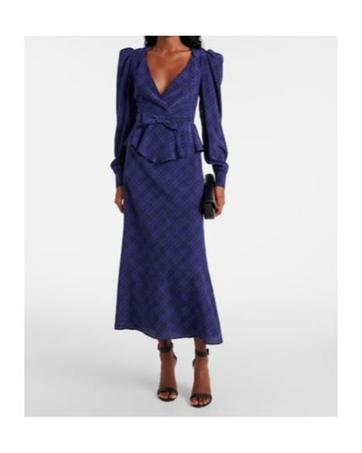 Alessandra Rich Blue Tartan Silk Midi Dress