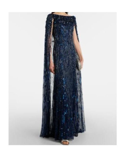 Jenny Packham Blue Luella Fringed Sequined Gown