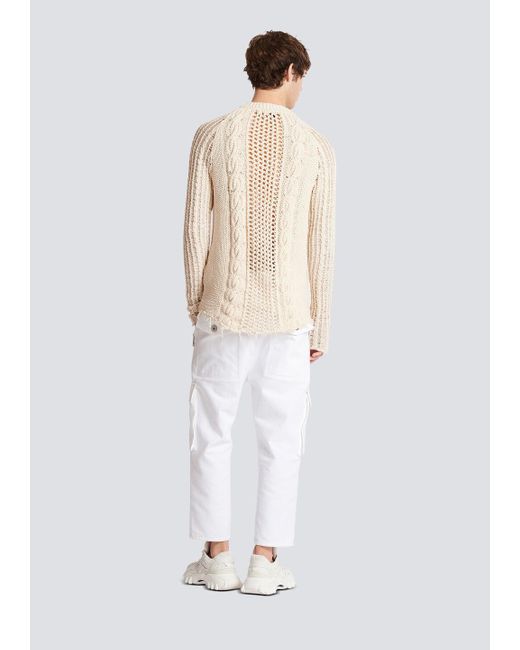 Balmain White Distressed Cable-Knit Jumper for men