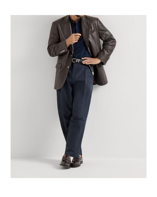 Brunello Cucinelli Blue Peak-Lapels Leather Blazer for men
