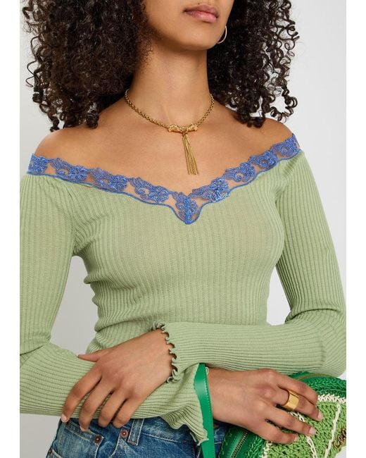 Chloé Green V-Neck Lace Trim Top