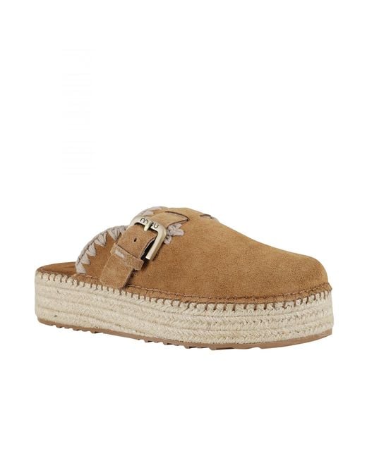 Mou Brown Buckle Raffia-Sole Mules
