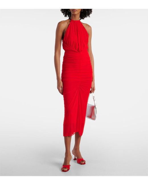 Mugler Red Pleated Neckline Midi Dress