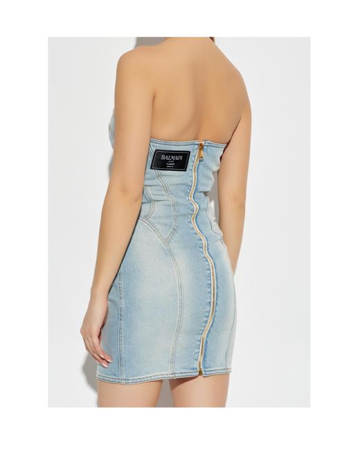 Balmain Blue Strapless Button Detailed Denim Dress