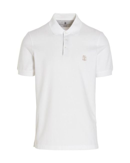 Brunello Cucinelli White Embroidered-Logo Polo Shirt for men