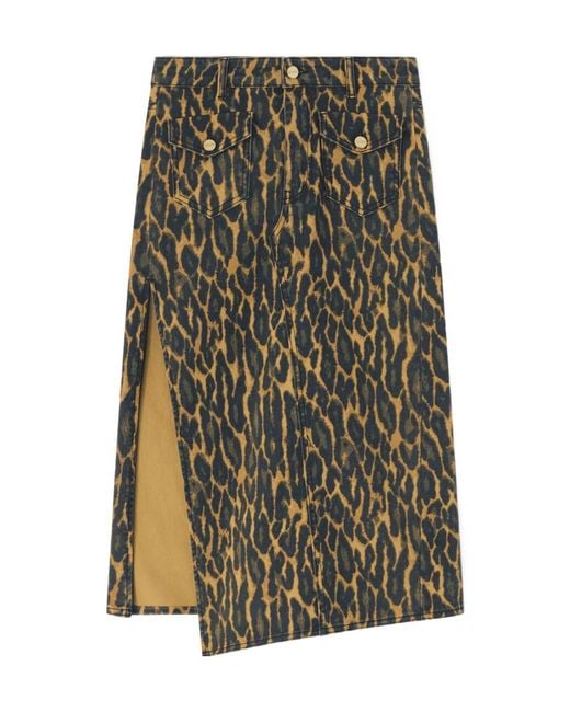Ganni Green Leopard Print Denim Midi Skirt