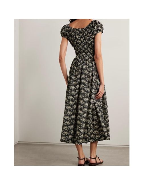 Doen Black Quinley Shirred Floral-Print Organic Cotton-Voile Midi Dress
