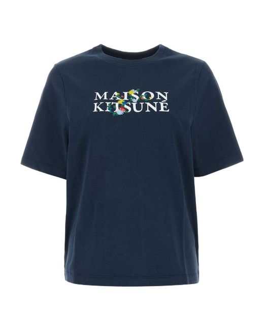 Maison Kitsuné Blue Maison Kitsuné Logo Printed Crewneck T-Shirt