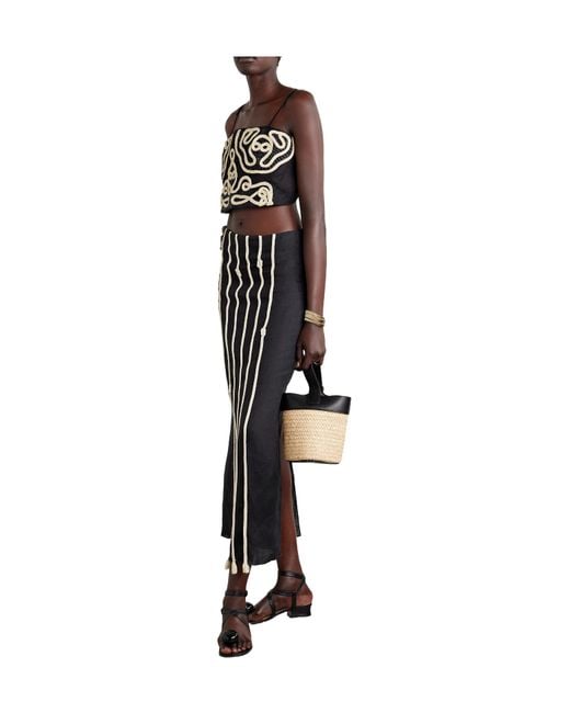 Johanna Ortiz Black Cropped Appliquéd Straw-Trimmed Linen Top