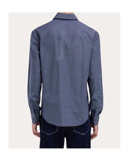Ferragamo Blue Ferragamo Monogram-Pattern Button-Up Shirt for men
