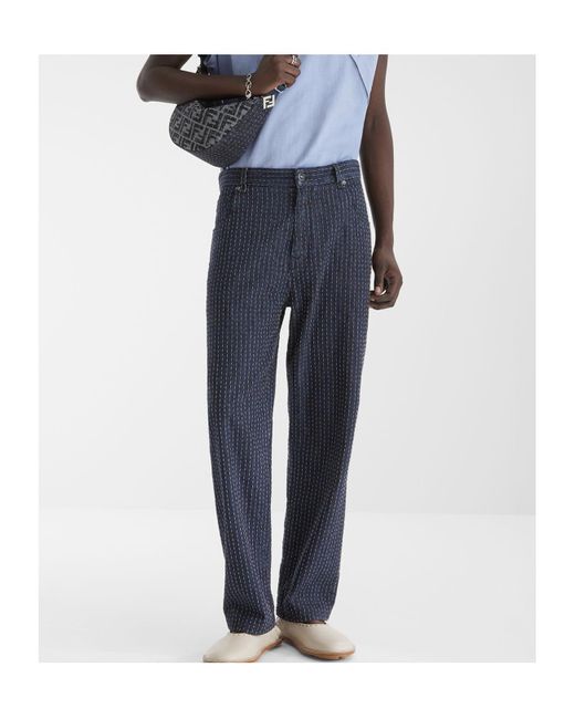 Fendi Blue Straight-Leg Topstitched Long Jeans for men