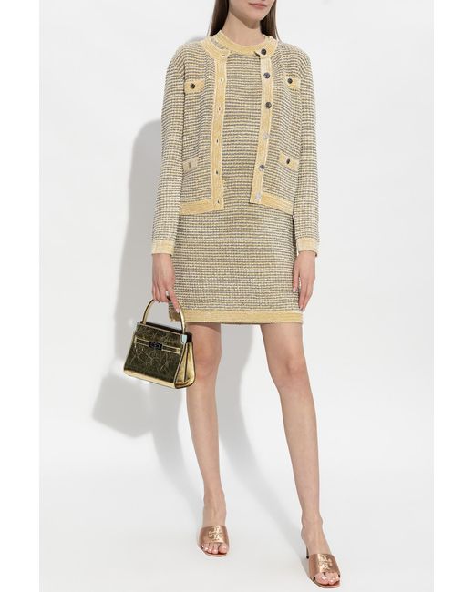 Tory Burch Natural Metallic Thread Velvet Midi Dress